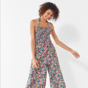 UO Lola Smocked Halter Jumpsuit Floral Multicolor